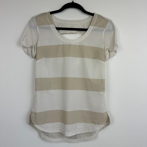 Lululemon Womens Lightened Up Tan/White Striped Activewear Short Sleeve Top - Picture 1 of 7